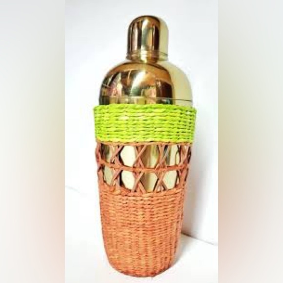 Anthropologie Tamra Cocktail Shaker Raffia Gold StrainerJigger Bar accessory - Picture 4 of 7